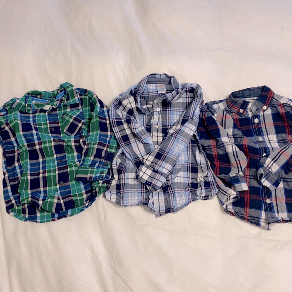 3 toddler boys plaid button up shirts.